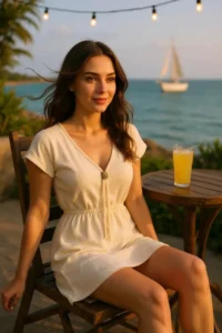 R  Women's white V-Neck Mini Beach Dress with Slits on the Sides and Buckles - Image 3