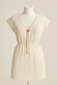 R  Women's white V-Neck Mini Beach Dress with Slits on the Sides and Buckles - Image 5