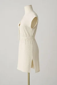 R  Women's white V-Neck Mini Beach Dress with Slits on the Sides and Buckles - Image 6