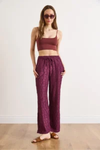 Olalook Women's Plum Waist Elastic Textured Flowy Wide Leg Trousers - Image 2
