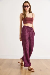 Olalook Women's Plum Waist Elastic Textured Flowy Wide Leg Trousers - Image 3