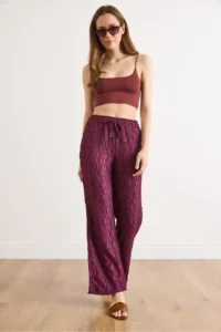 Olalook Women's Plum Waist Elastic Textured Flowy Wide Leg Trousers - Image 4