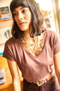 Olalook Women's Bitter Brown Collar Lace Casual Viscose Blouse - Image 7