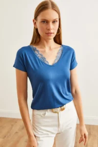 Olalook Women's Indigo Collar Lace Loose Viscose Blouse - Image 5