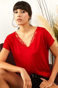 Olalook Women's Red Collar Lace Casual Viscose Blouse - Image 4