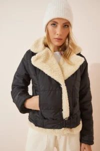 Happiness İstanbul Women's Black Faux Leather Faux Wool Crop Pilot Jacket - Image 2