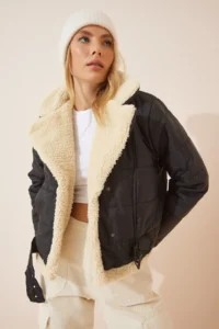 Happiness İstanbul Women's Black Faux Leather Faux Wool Crop Pilot Jacket - Image 3