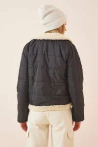 Happiness İstanbul Women's Black Faux Leather Faux Wool Crop Pilot Jacket - Image 4