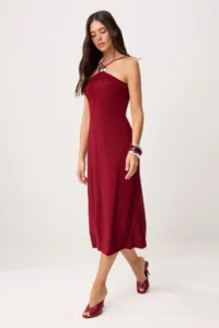TRENDYOLMİLLA Burgundy A-Cut/Life Form Barbell Neck Sleeveless Accessory Detailed Flexible Knitting Dress