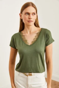 Olalook Women's Khaki Collar Lace Casual Viscose Blouse - Image 6