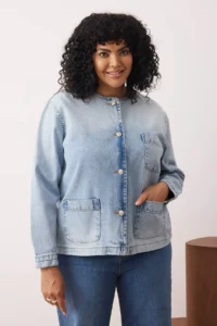 Trendyol Curve Mavi Crew Neck Oversized/Wide Pattern DENIM Plus Size Jacket - Image 2