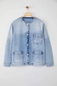 Trendyol Curve Mavi Crew Neck Oversized/Wide Pattern DENIM Plus Size Jacket - Image 5
