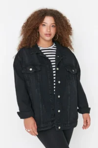 Trendyol Curve Anthracite Oversized/Bol Cut 100% Cotton Non-Stretch Plus Size DENIM Jacket - Image 4