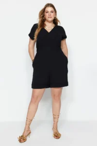 Trendyol Curve Black Weaving V-neck Jumpsuit