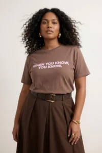 Trendyol Curve Brown Slogan Printed relaxed 100% Cotton Knitting Plus Size T-Shirt - Image 2