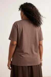 Trendyol Curve Brown Slogan Printed relaxed 100% Cotton Knitting Plus Size T-Shirt - Image 3