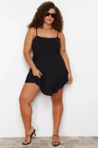 Trendyol Curve Black Sleeveless with flywheel OF shorts Plain Mini Knitting Jumpsuit - Image 2