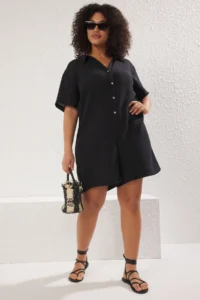 Trendyol Curve Black Regular Fit Muslin Weaving Material 100% Cotton beachwear Plus Size Jumpsuit