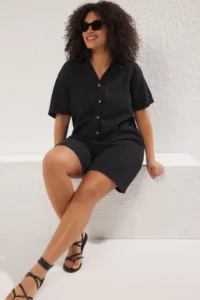 Trendyol Curve Black Regular Fit Muslin Weaving Material 100% Cotton beachwear Plus Size Jumpsuit - Image 2