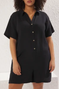 Trendyol Curve Black Regular Fit Muslin Weaving Material 100% Cotton beachwear Plus Size Jumpsuit - Image 3