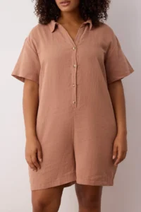 Trendyol Curve Brown Regular Fit Muslin Weaving Material 100% Cotton beachwear Plus Size Jumpsuit - Image 3