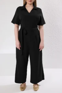 Trendyol Curve Black  V-neck Double breasted Plus Size Weaving Jumpsuit - Image 2