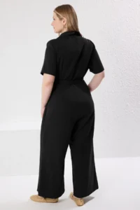 Trendyol Curve Black  V-neck Double breasted Plus Size Weaving Jumpsuit - Image 5