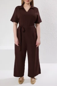 Trendyol Curve Brown V-neck Double breasted Plus Size Weaving Jumpsuit - Image 3
