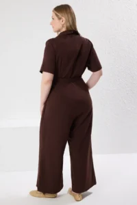 Trendyol Curve Brown V-neck Double breasted Plus Size Weaving Jumpsuit - Image 5