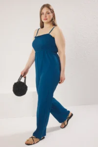 Trendyol Curve Mavi Sleeveless Knitting Plus Size Jumpsuit
