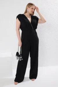 Trendyol Curve Black Double breasted Yaka Rocky Knitting Plus Size Jumpsuit