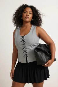 Trendyol Curve Gray Striped interlock Fiyonk Detailed Knitting Plus Size Blouse
