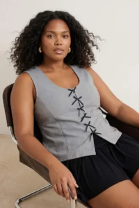 Trendyol Curve Gray Striped interlock Fiyonk Detailed Knitting Plus Size Blouse - Image 2