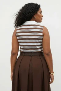 Trendyol Curve Brown Polo Shirt Collar Striped Sleeveless Knitting Plus Size Blouse - Image 3