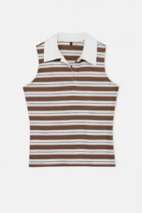 Trendyol Curve Brown Polo Shirt Collar Striped Sleeveless Knitting Plus Size Blouse - Image 4