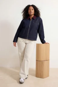 Trendyol Curve DARK BLUE Velvet Yaka Detailed Oversized 100% Cotton Non-Stretch Plus Size DENIM Jacket