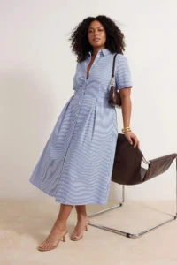Trendyol Curve Mavi Striped Skirt Opened at Waist Half Plaid Midi Weaving Dress