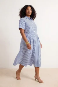 Trendyol Curve Mavi Striped Skirt Opened at Waist Half Plaid Midi Weaving Dress - Image 2