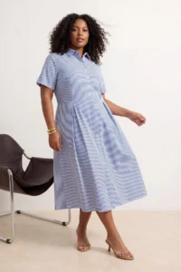 Trendyol Curve Mavi Striped Skirt Opened at Waist Half Plaid Midi Weaving Dress - Image 3
