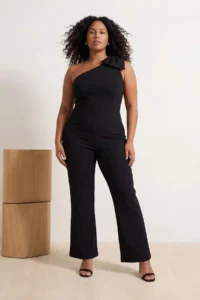 Trendyol Curve Black Fiyonk Detailed Single Arm Weaving Plus Size Chic & Party Jumpsuit