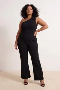 Trendyol Curve Black Fiyonk Detailed Single Arm Weaving Plus Size Chic & Party Jumpsuit - Image 3