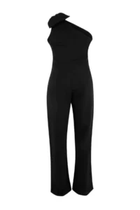 Trendyol Curve Black Fiyonk Detailed Single Arm Weaving Plus Size Chic & Party Jumpsuit - Image 6