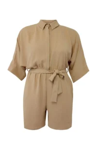 Trendyol Curve Beige Belted Yarasa Kollu Short Weaving Plus Size Jumpsuit