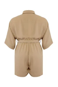 Trendyol Curve Beige Belted Yarasa Kollu Short Weaving Plus Size Jumpsuit - Image 3