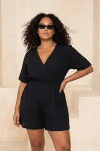 Trendyol Curve Black Double breasted Yaka Muslin Plus Size Beach Tulumu