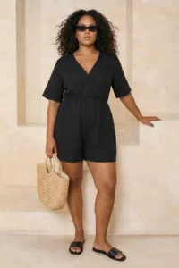 Trendyol Curve Black Double breasted Yaka Muslin Plus Size Beach Tulumu - Image 3