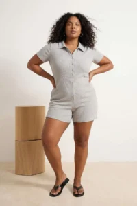 Trendyol Curve Gray Button Detailed Waffle Plus Size Jumpsuit - Image 3