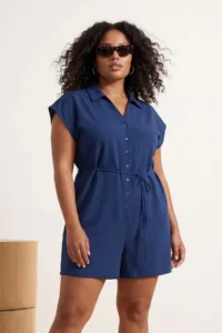 Trendyol Curve beachwear Navy Blue Shirt Collar Weaving Jumpsuit - Image 2