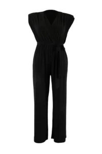 Trendyol Curve Black V-neck Belted Knitting Plus Size Jumpsuit - Image 4