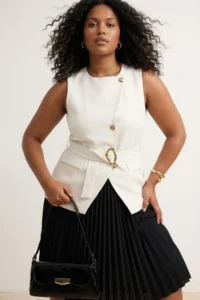 Trendyol Curve Ecru Arched Gold buttoned Weaving Plus Size Vest